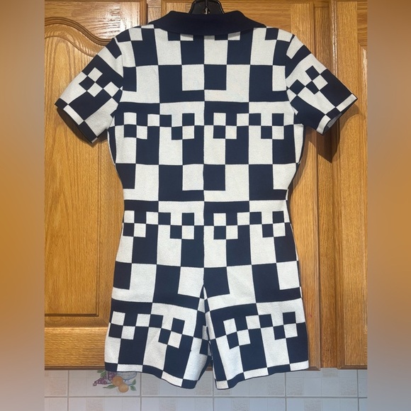 Peppermayo Navy Blue and White Checkered Romper 70's Vibe S/M - Picture 7 of 9